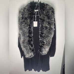 Sioni Lush Black & Gray Removable Faux Fur Long Cardigan NWT SZ. XL